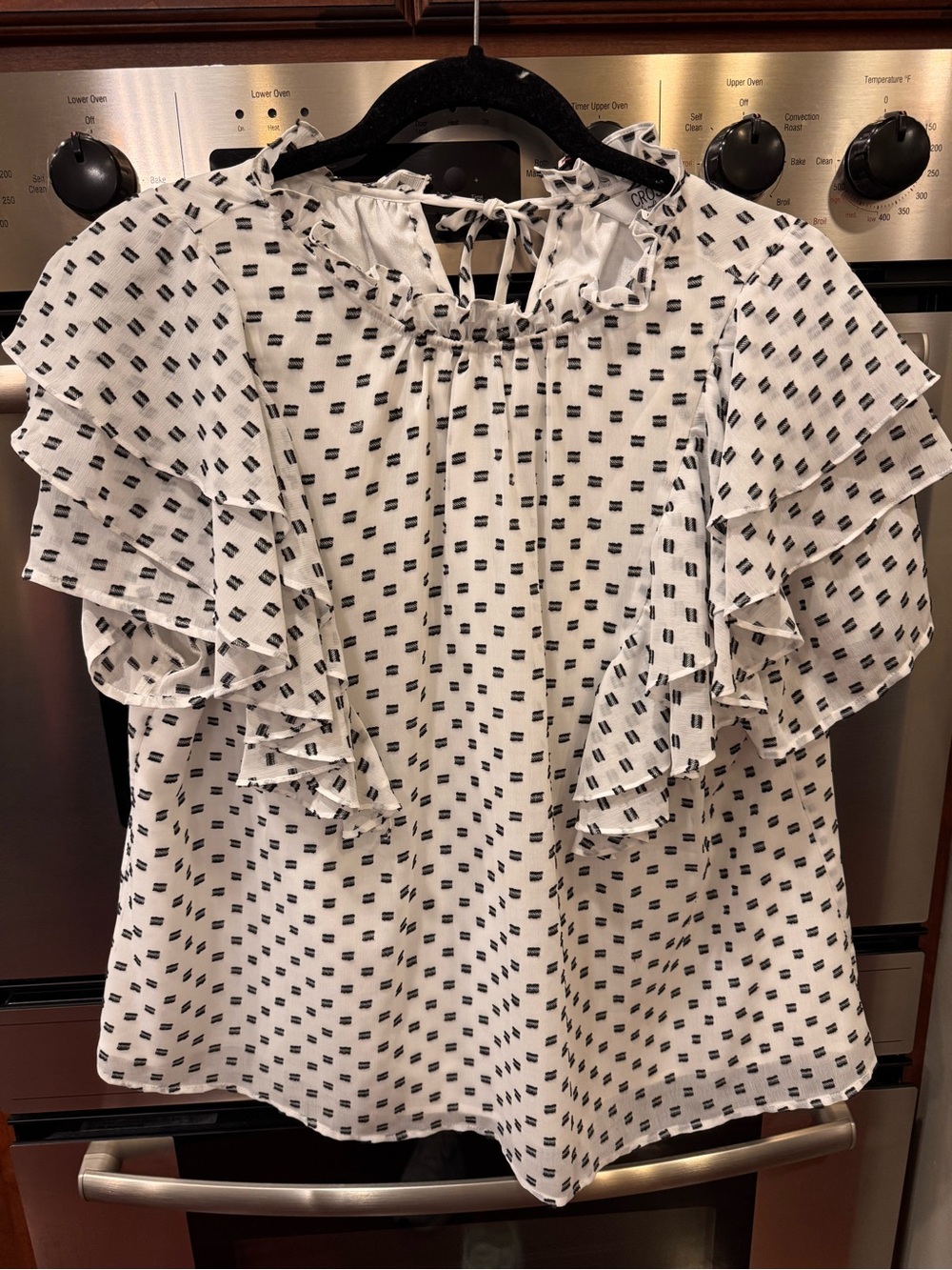 crosby. White Blouse with Black Dot Print and Ruffle Sleeves